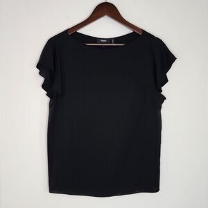 Theory 100% Silk Black Flutter Sleeve Blouse Medium Dark Academia Quiet Luxury
